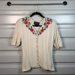 Herman Geist Cardigan Women Small White Excellent Hand Embroidered Cable Knit